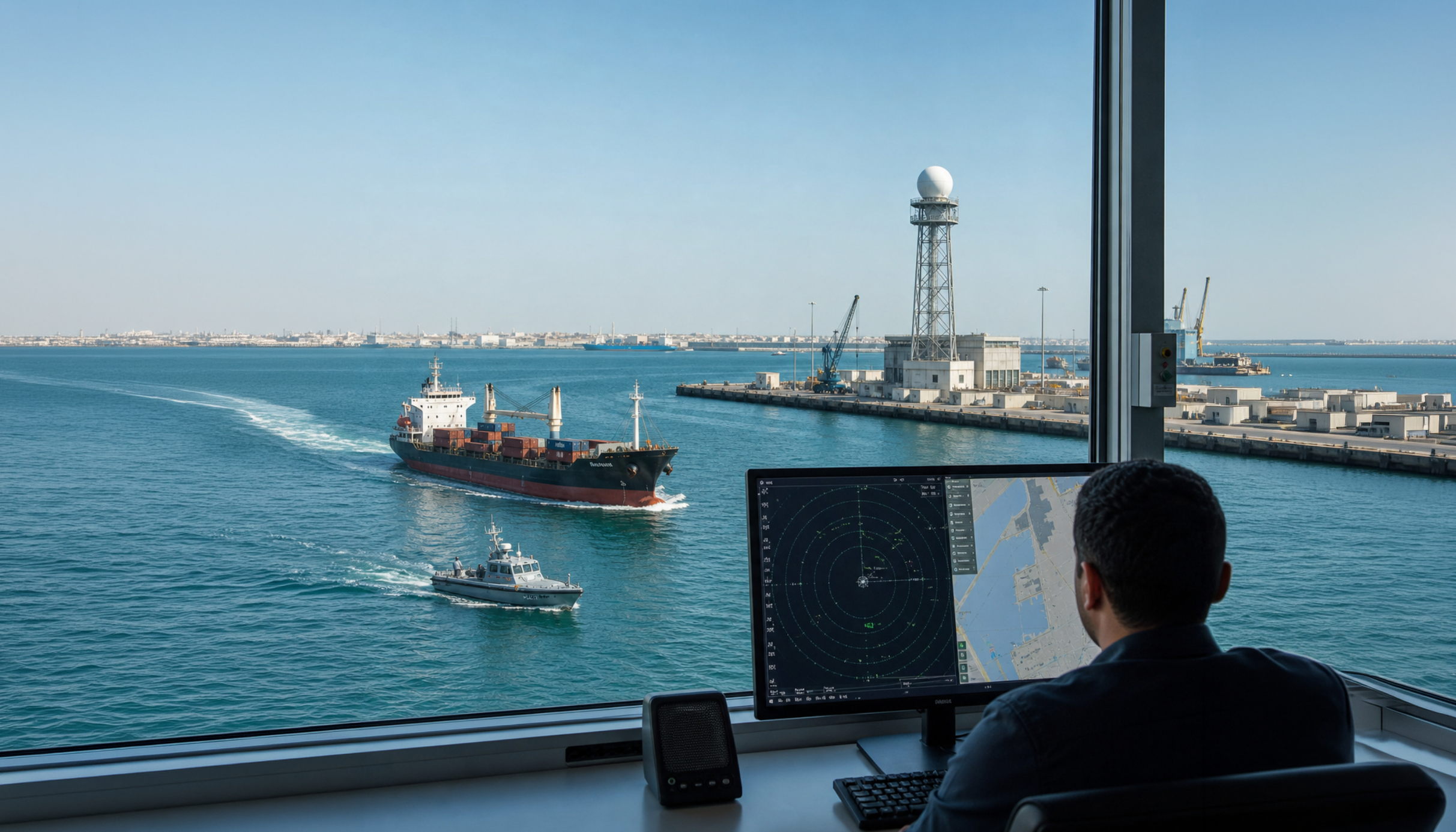 Harbor operator reviewing radar and vessel movements from a control room